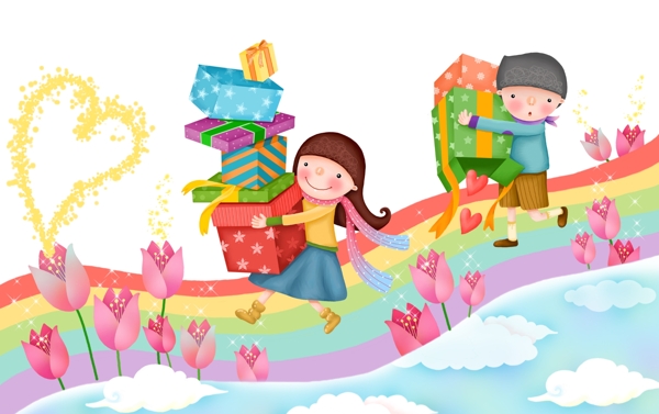 拿著禮物的孩子和花朵