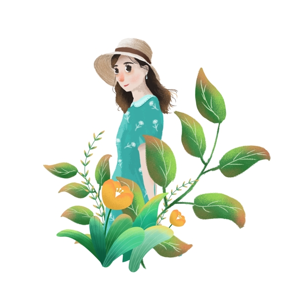 手绘春天花丛中戴草帽的绿裙女孩人物元素