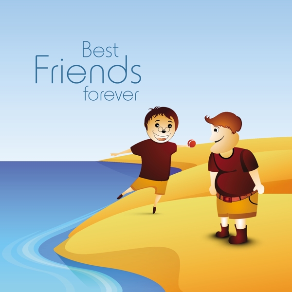 情人节快乐的概念与男孩打海滨和文字永远是最好的朋友