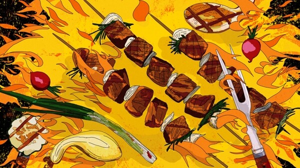 原创美味烧烤烤串蔬菜美食手绘插画