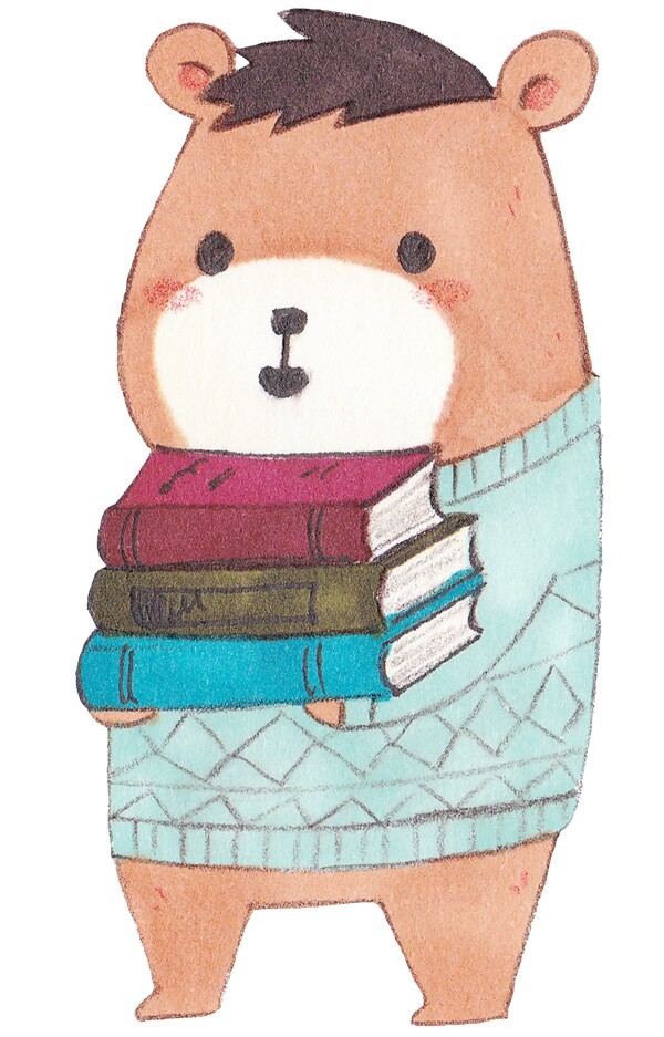 水彩抱着书的小熊插画