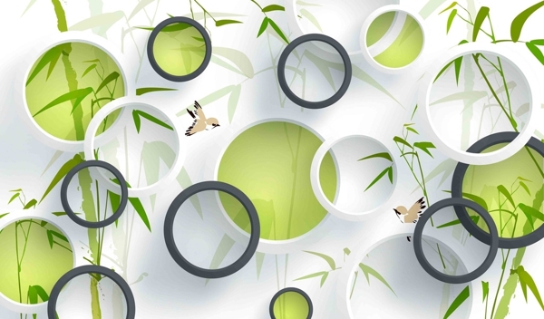3D圆圈绿色竹子小鸟电视背景墙图片