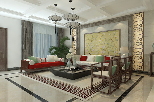 现代中式明亮温馨客厅空间效果图模型