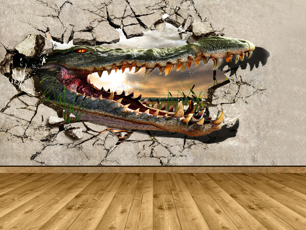3D凶猛残暴的鳄鱼背景墙