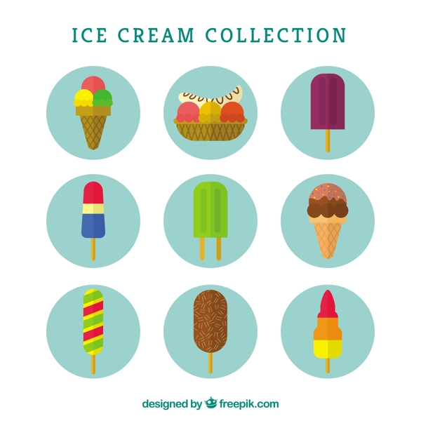 扁平风格各种冰淇淋雪糕圆形图标