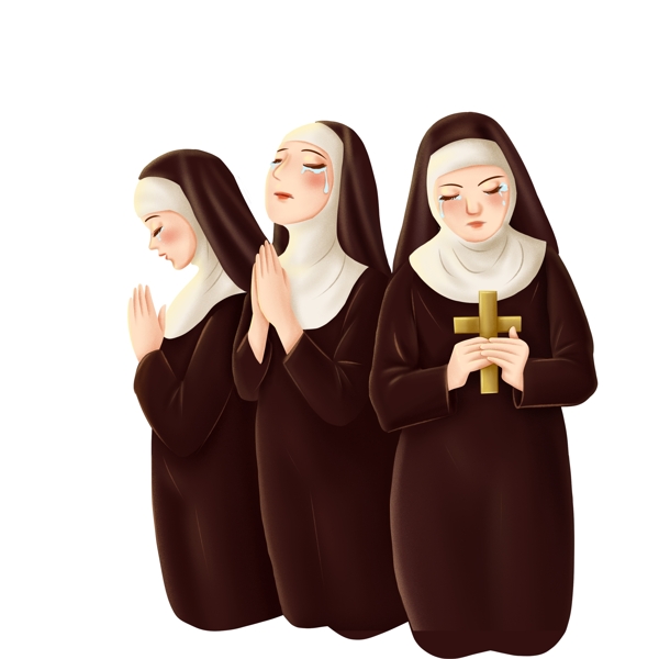 手绘祈祷哭泣的修女