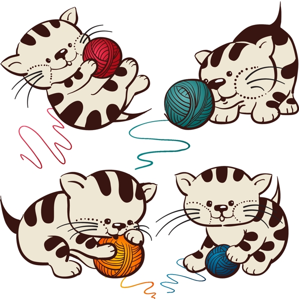 4款卡通玩线团的猫咪矢量素材