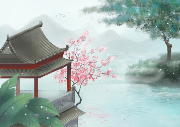 涼亭湖水清新古風復古背景素材