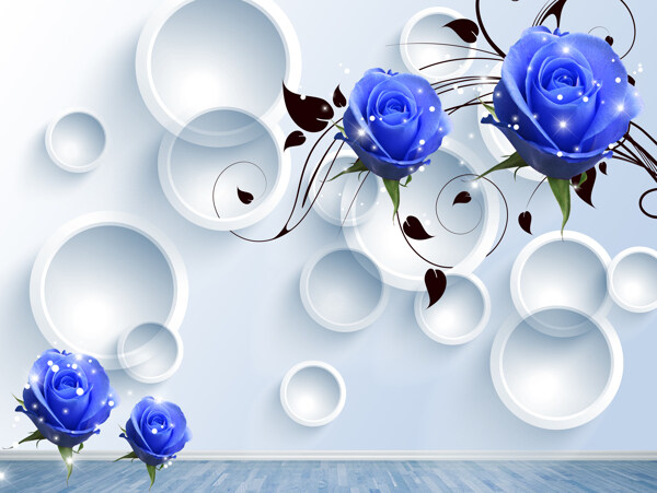 3D梦幻蓝色妖姬玫瑰圆圈玉石瓷砖背景墙