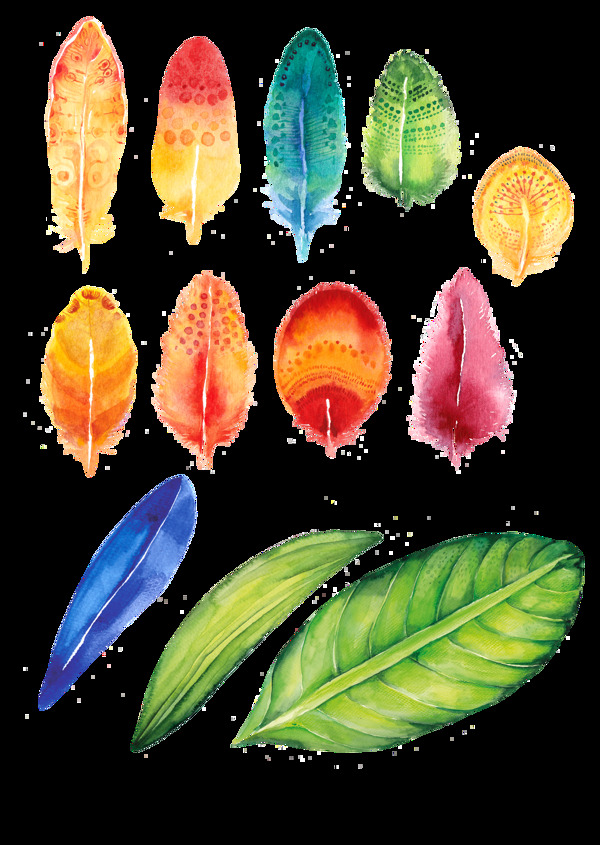 水彩手绘七彩树叶png透明素材
