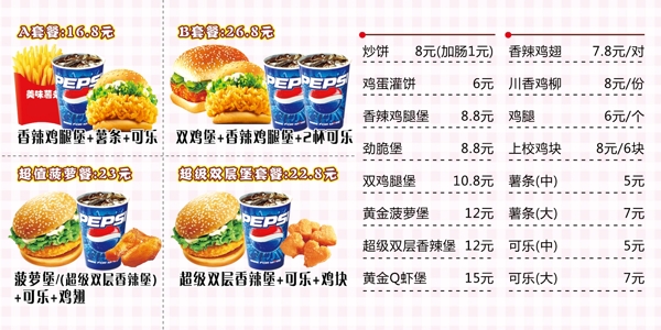 汉堡套餐价目表