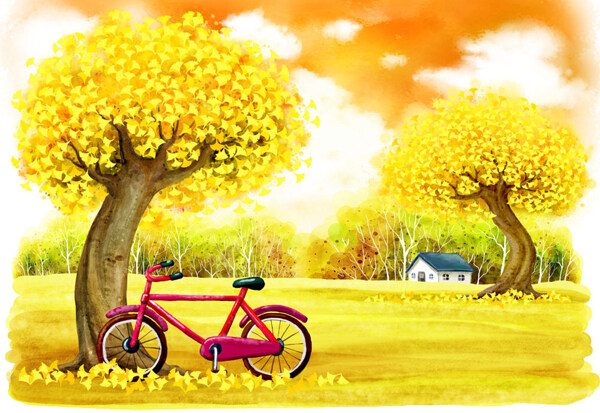 卡通秋景自行车图片