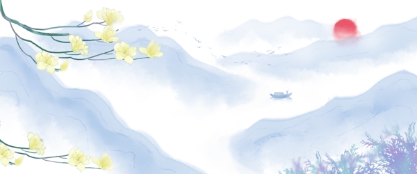 卡通手绘远处人划着船高空翱翔的大雁近处的玉兰花