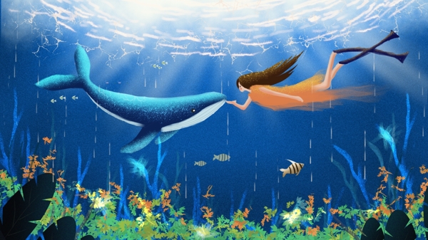 鲸鱼与女孩治愈系梦幻蓝色海底世界晚安你好