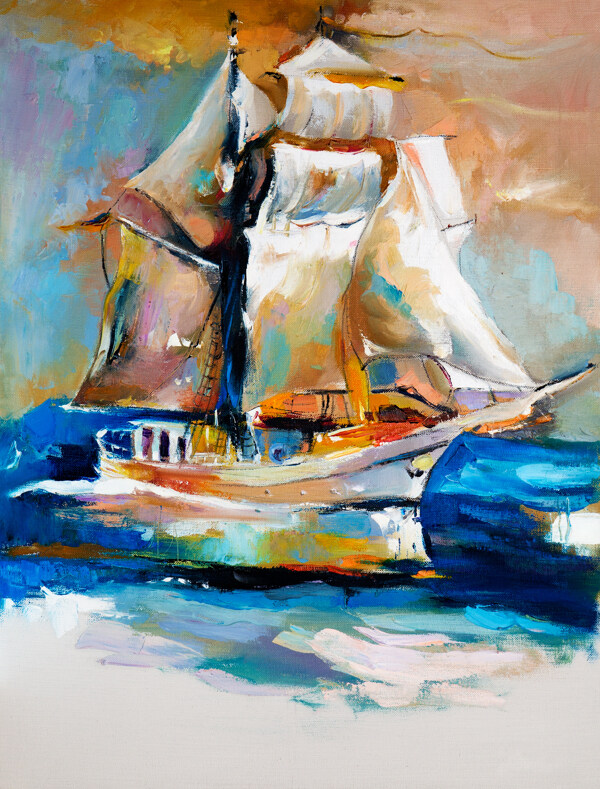 抽象海面帆船油画图片