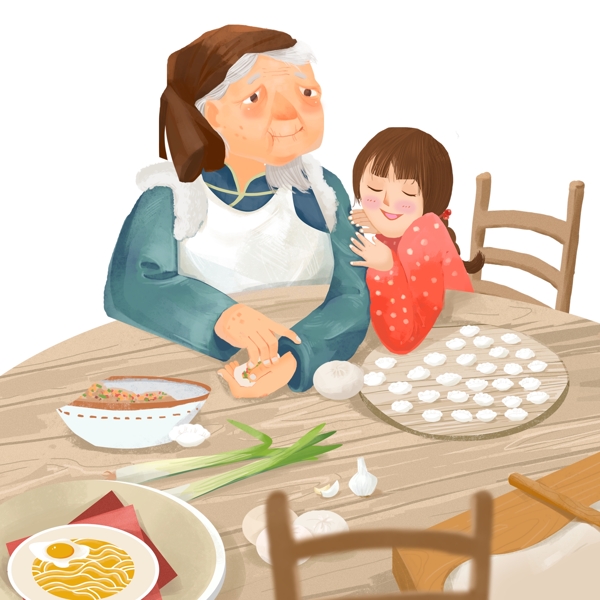 手绘过年包饺子的祖孙俩温馨场景设计