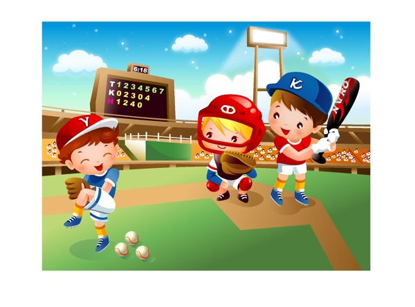 儿童棒球运动矢量素材图片