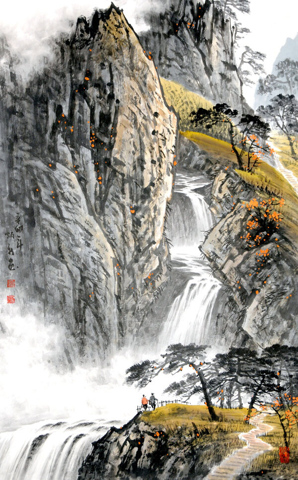 山崖瀑布水墨画图片