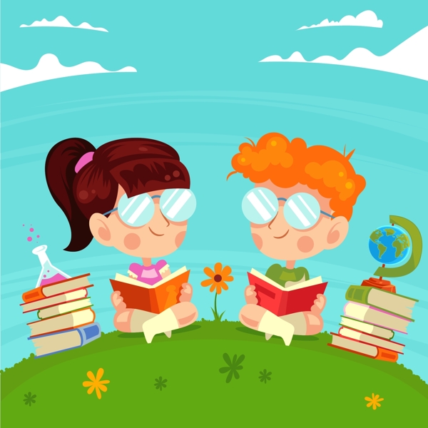 可爱草坪上读书的2个儿童矢量图
