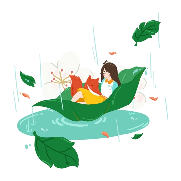 谷雨坐在叶子女孩