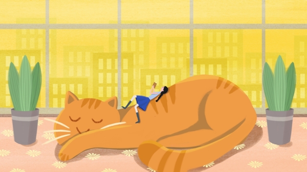 原创插画睡觉的猫和女孩