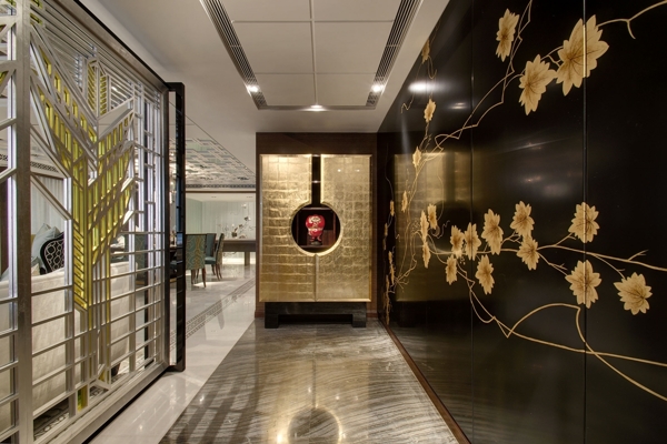 现代时尚客厅走廊黑色金色花纹背景墙室内图