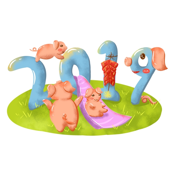 2019豬年游樂場小豬手繪卡通可商用元素