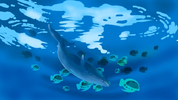大海里的鲸与鱼群原创插画