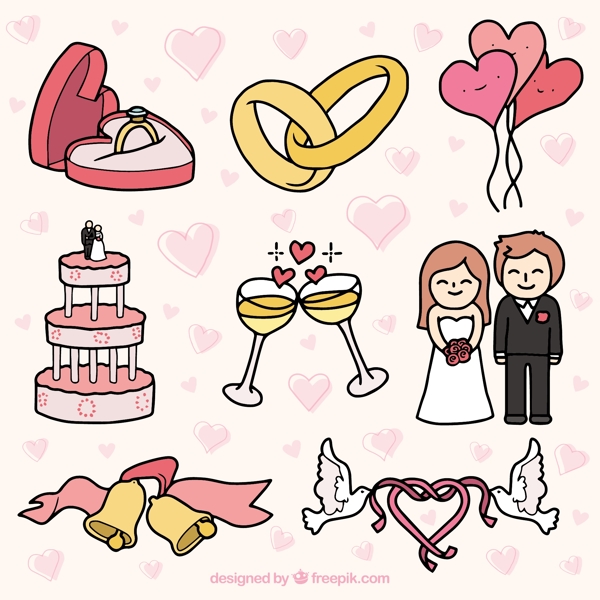 手繪各種婚禮元素裝飾插圖