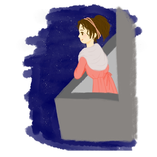 手绘人物阳台上看夜景的卷发女生可商用元素