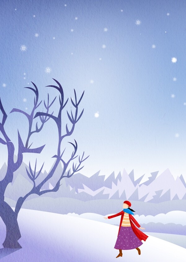 彩绘唯美冬季雪地女孩背景设计