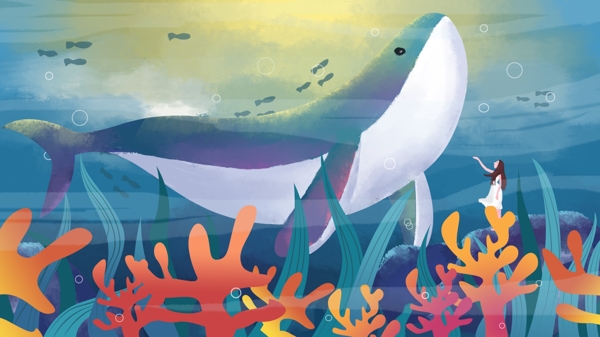 深海遇鲸唯美插画