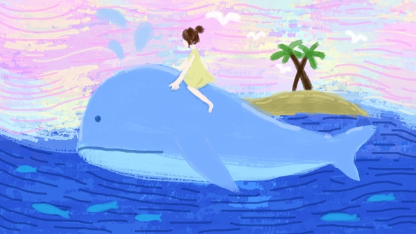 原创插画治愈系在海中自由飞翔的蓝鲸