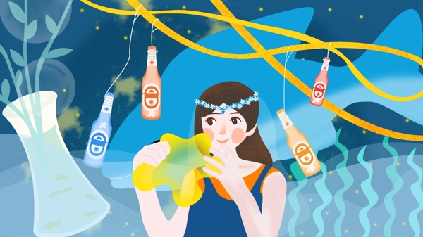 女孩與漂流瓶原創(chuàng)插畫設(shè)計psd