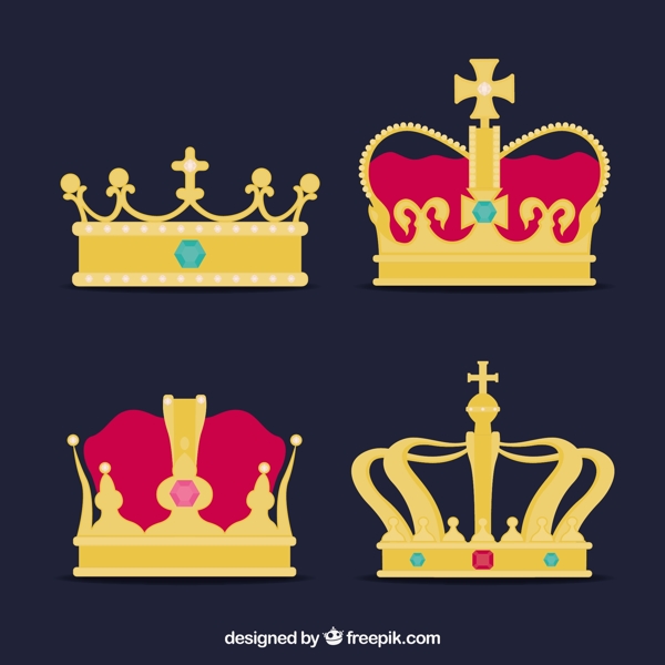 四个金色皇冠与有色宝石矢量素材