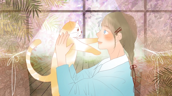簡約清新抱著貓的女孩