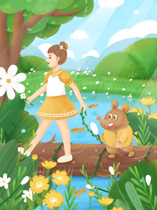 春季清明时节女孩与小熊一起踏青