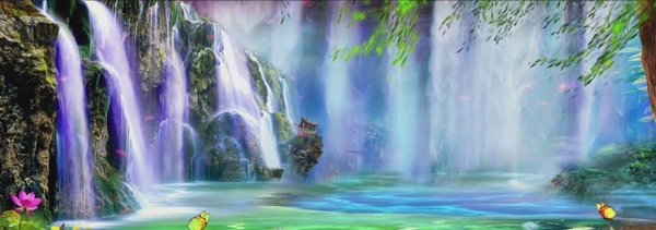 超美意境瀑布山水画视频背景素材