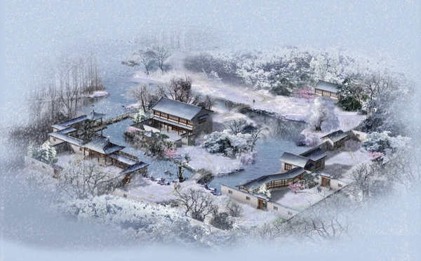 旅游区古建筑雪景图片