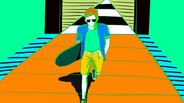原创夏日去玩滑板的少年撞色插画