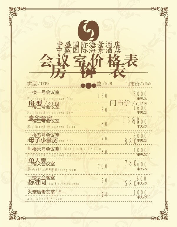 價(jià)格表圖片
