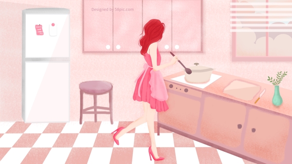 原创居家厨房做饭时尚女孩商业插画