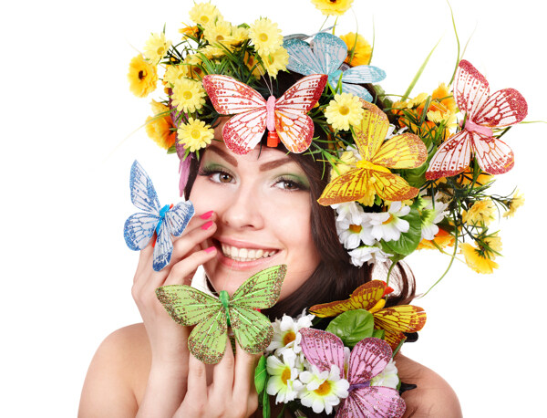 美容广告模特美女与鲜花蝴蝶图片