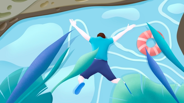 清凉一夏水边跳水的男人手绘海报插画壁纸