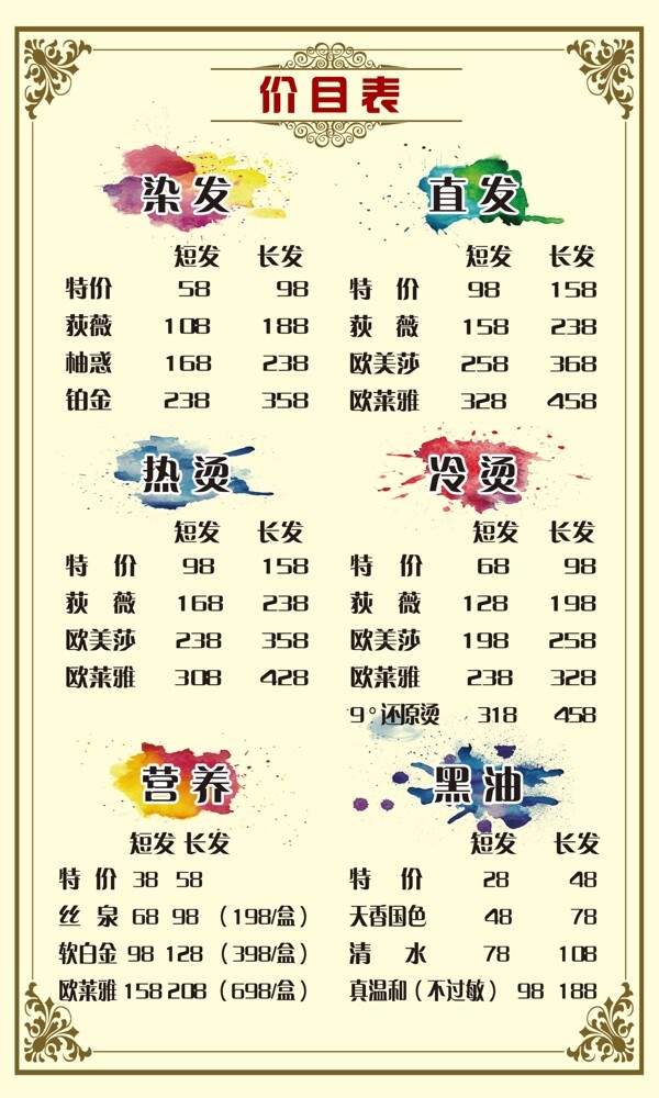 理發(fā)店價(jià)目表