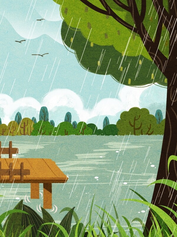 小雨节气风景插画背景