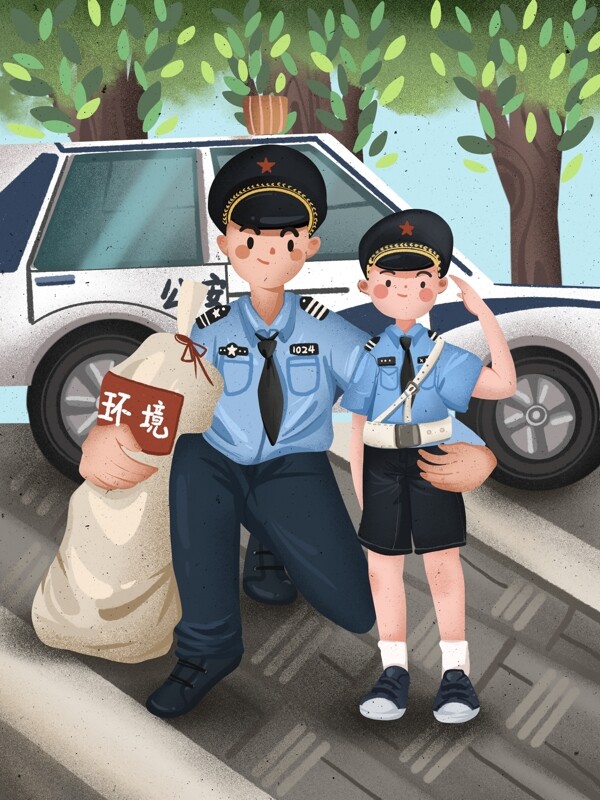 国际警察日警察和小朋友合影可爱插画