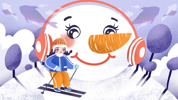 肌理冬季滑雪女孩雪人创意插画