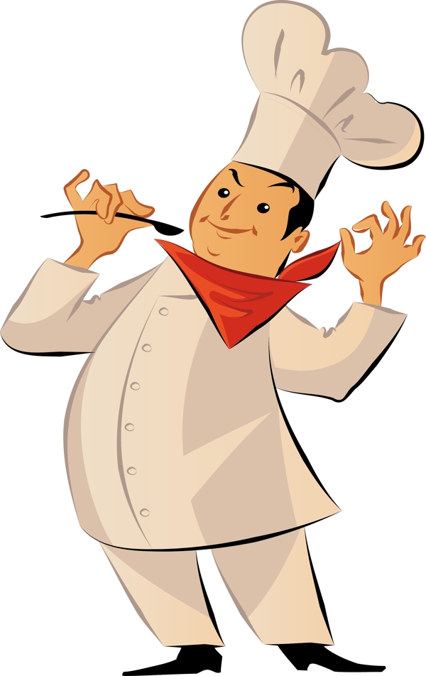 手绘卡通穿白色厨师服品尝味道的肥胖厨师