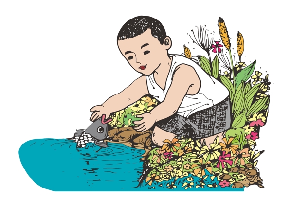 处暑节气手绘打鱼捕鱼秋季丰收男孩和鱼池塘卡通图